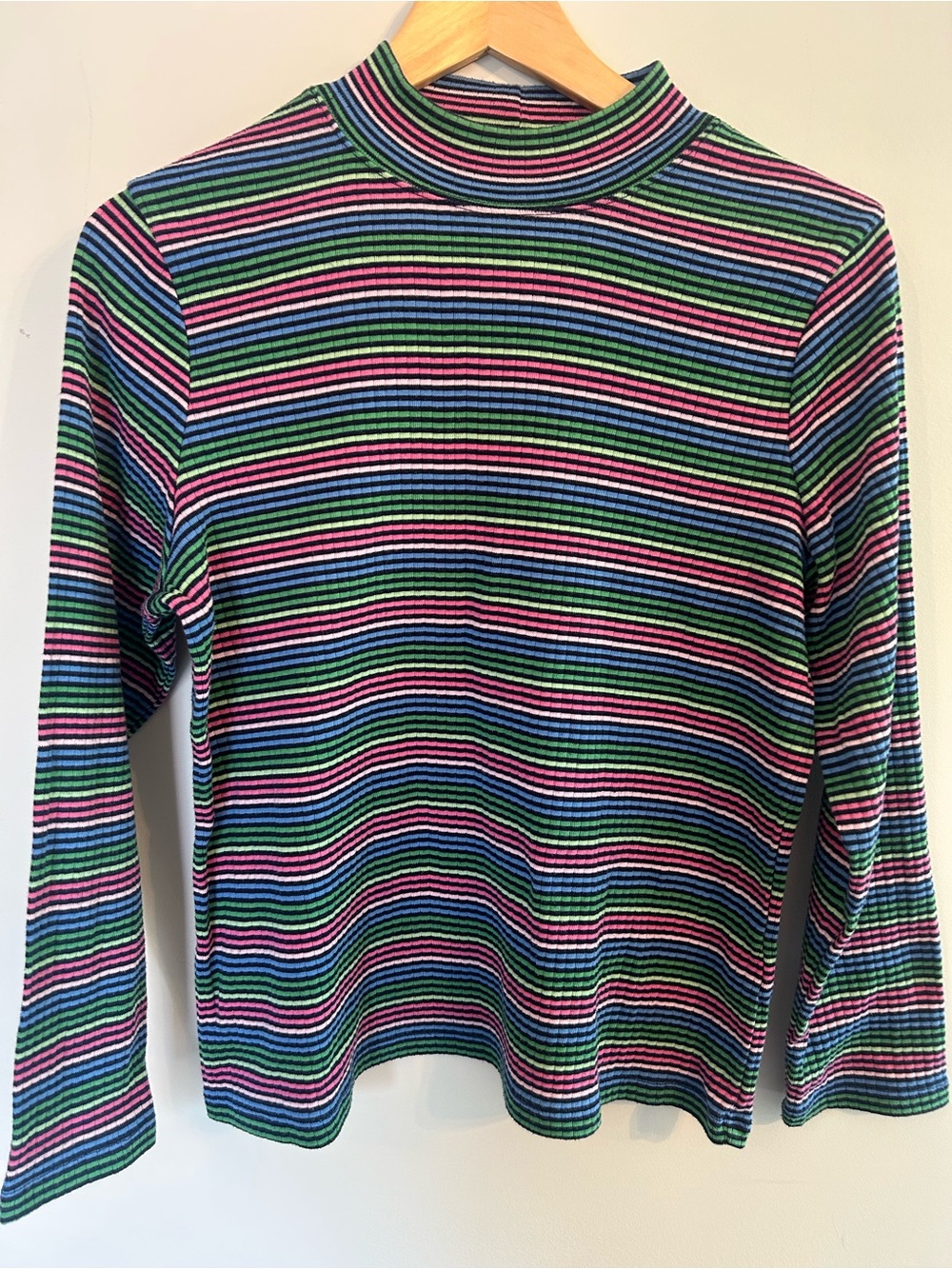Vintage Alia Striped Ribbed Rainbow Mock Neck Long Sleeve Top Colourful Bright M